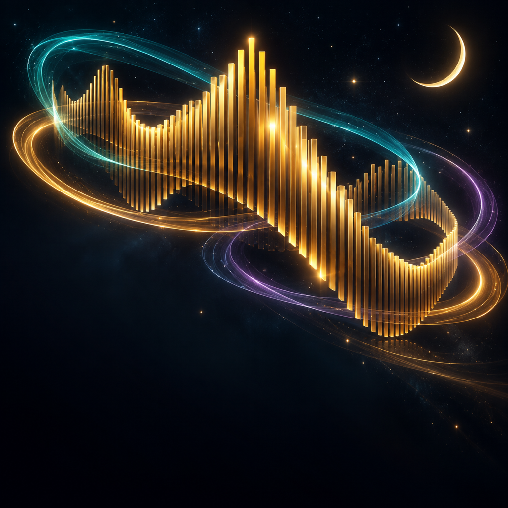 Espectro musical dorado con ondas de color, ilustración de YOLO Player PRO